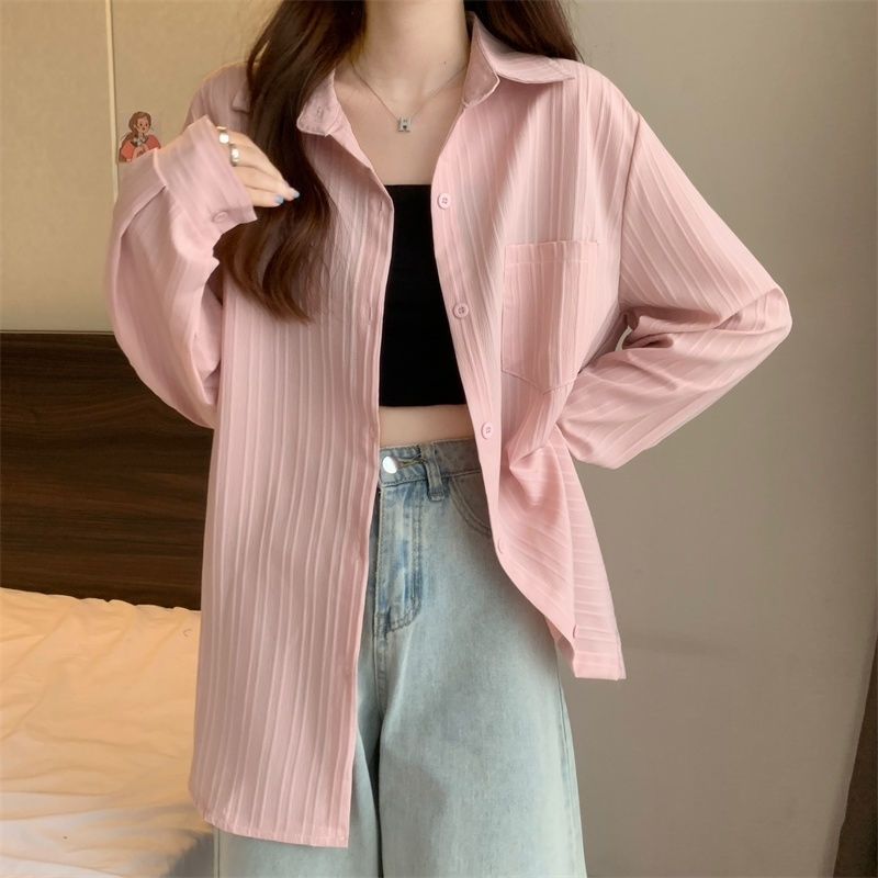 Long-sleeved shirt for women, spring and autumn new style, Korean version, lazy style, loose slimming cardigan top, mid-length outer wear thin coat