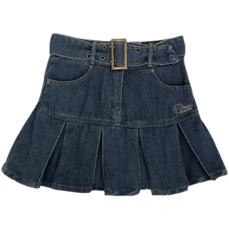 Design sense niche skirt babes retro denim skirt female small bag hip culottes a-line pleated skirt