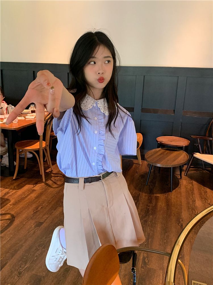 Korean retro hollow doll collar shirt age-reducing suit women's summer new temperament thin skirt two-piece set