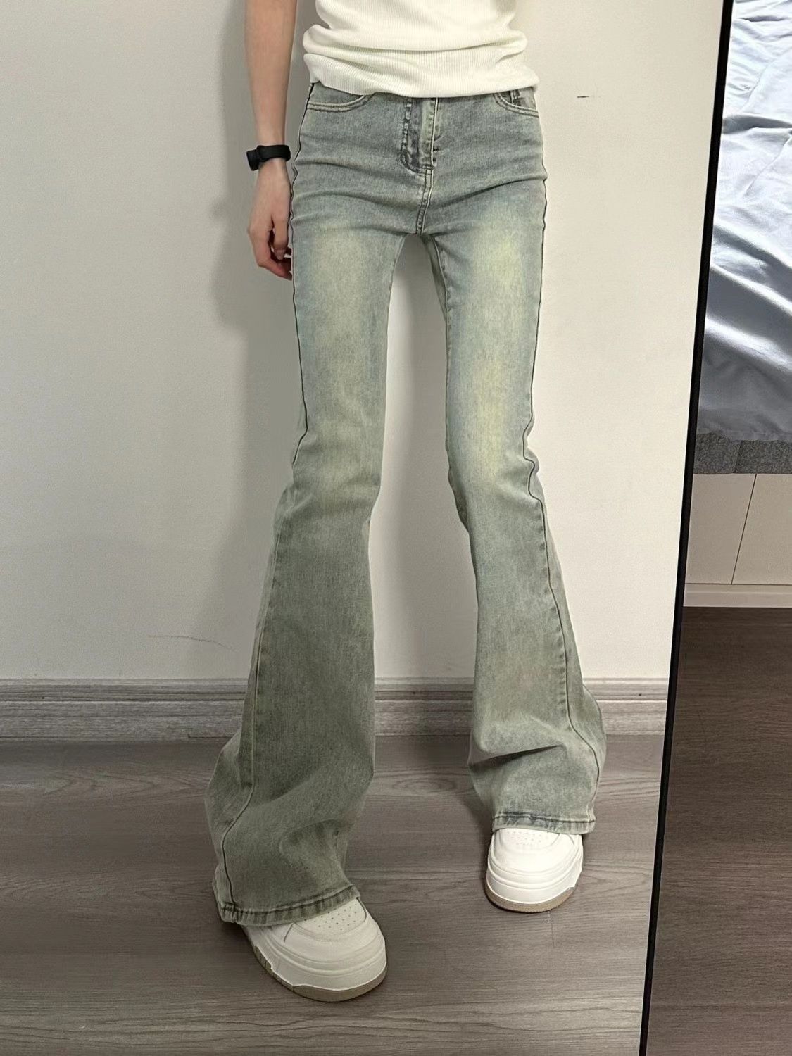 藍色復古水洗微喇牛仔褲女春夏辣妹高腰顯瘦彈力喇叭褲子拖地長褲
