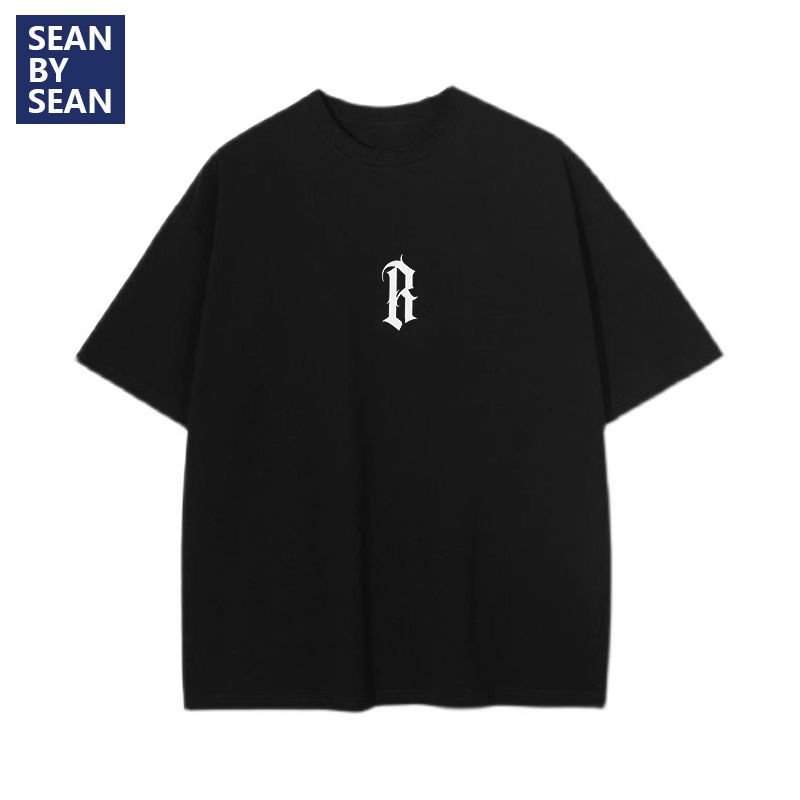 SEANBYSEAN哥特字母印花純棉短袖男女潮寬鬆百搭純色打底情侶T恤