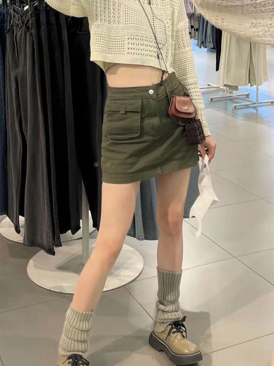 Spice girl army green tooling denim skirt women's spring and summer new slim high waist niche a-line skirt ins