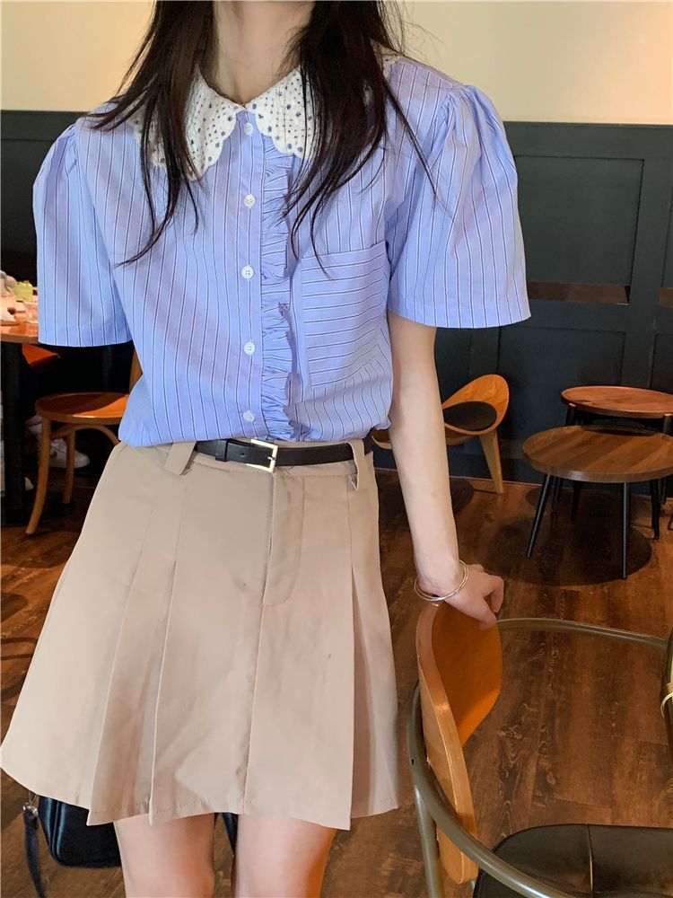 Korean retro hollow doll collar shirt age-reducing suit women's summer new temperament thin skirt two-piece set