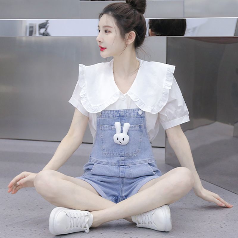 小清新洋氣顯瘦減齡牛仔背帶短褲女2023年夏季新款娃娃領襯衫套裝