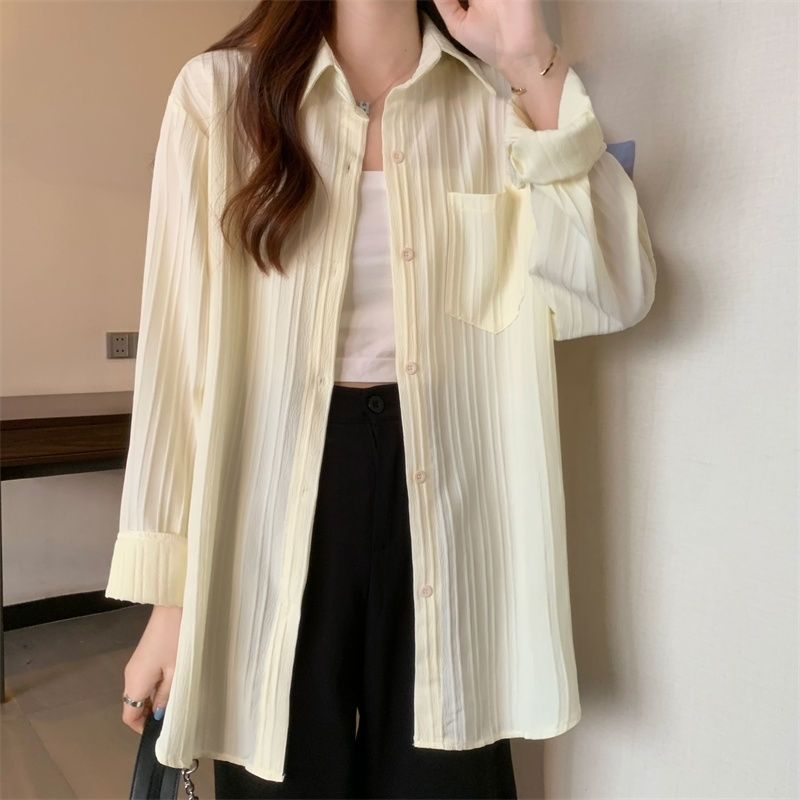 Long-sleeved shirt for women, spring and autumn new style, Korean version, lazy style, loose slimming cardigan top, mid-length outer wear thin coat