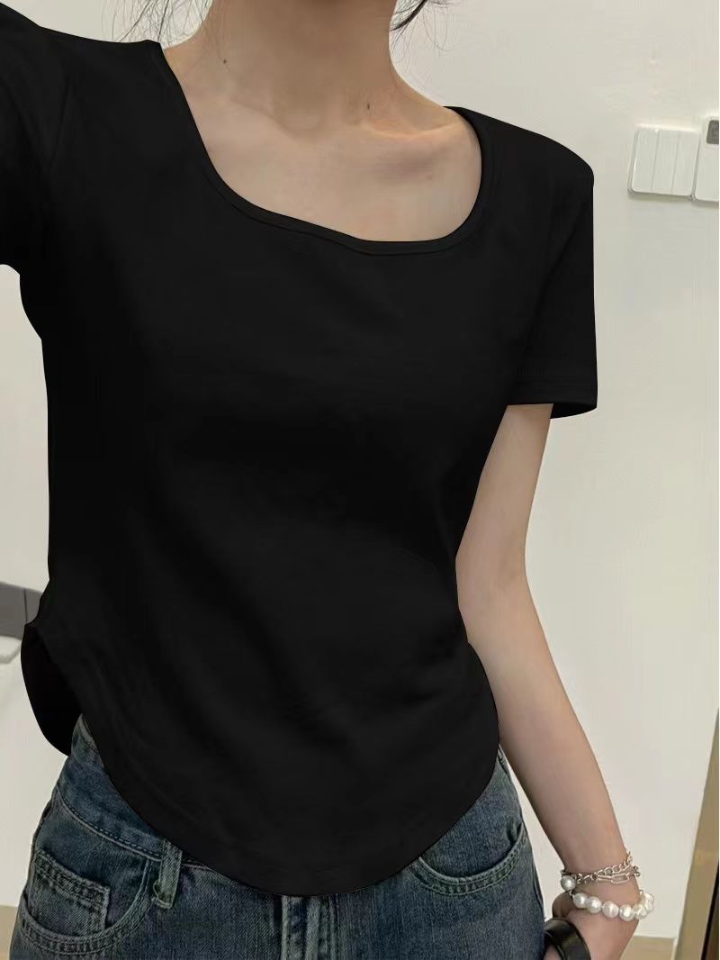 純棉正肩白色短袖t恤女夏季小個子修身不規則收腰短款半袖上衣in