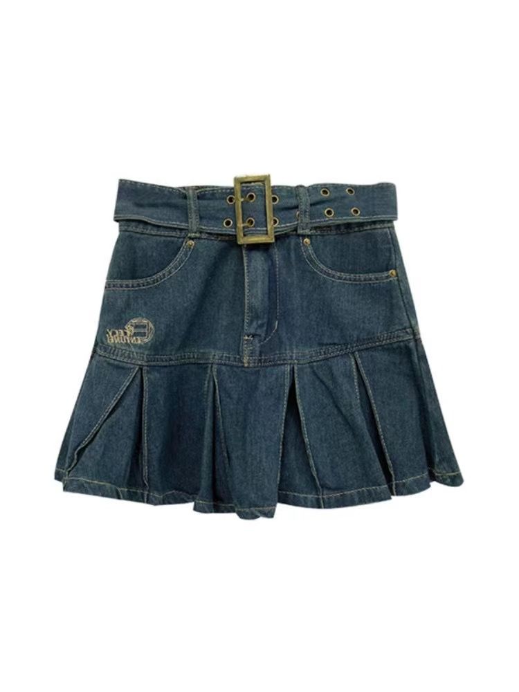 Design sense niche hot girl retro denim skirt female autumn plus size fat mm bag hip skirt a word pleated skirt summer