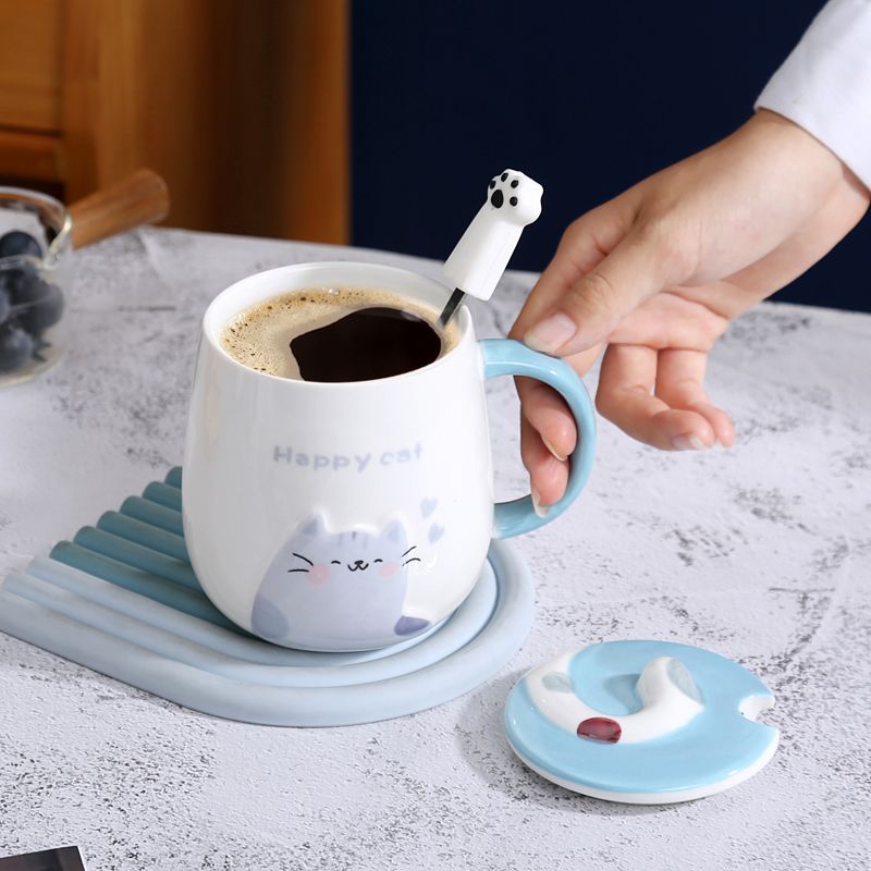 猫咪马克杯ins高颜值陶瓷杯带盖勺情侣水杯女办公室咖啡杯送闺蜜