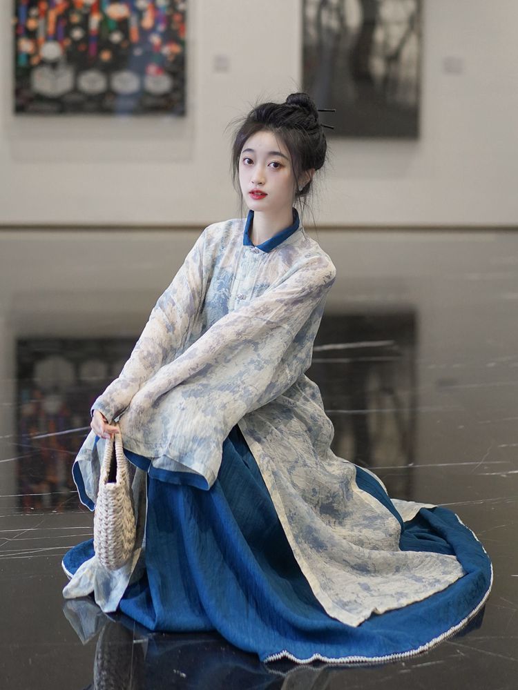 明制漢服女春夏天立領長衫吊帶裙子新中式禪意溫柔日常通勤三件套