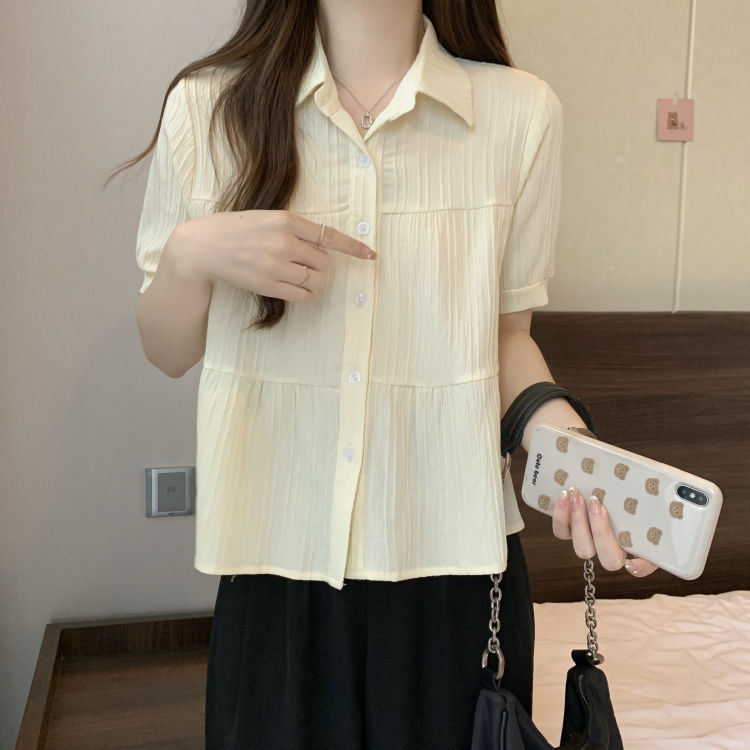 夏季新款韩版翻领单排扣百搭短袖娃娃衫纯色小众设计感短款衬衫女