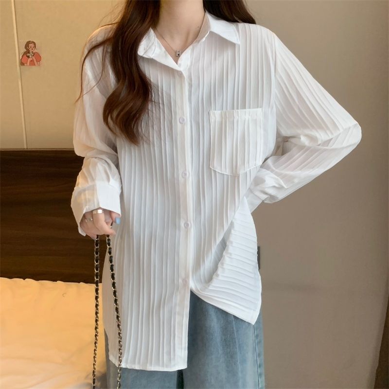 Long-sleeved shirt for women, spring and autumn new style, Korean version, lazy style, loose slimming cardigan top, mid-length outer wear thin coat