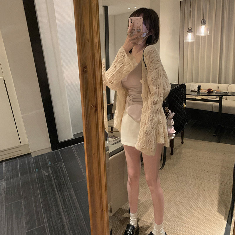 Mohair Hollow Sweater Jacket Women's Spring and Autumn Twisted Sling Dress Overshirt Thin Knitted Cardigan