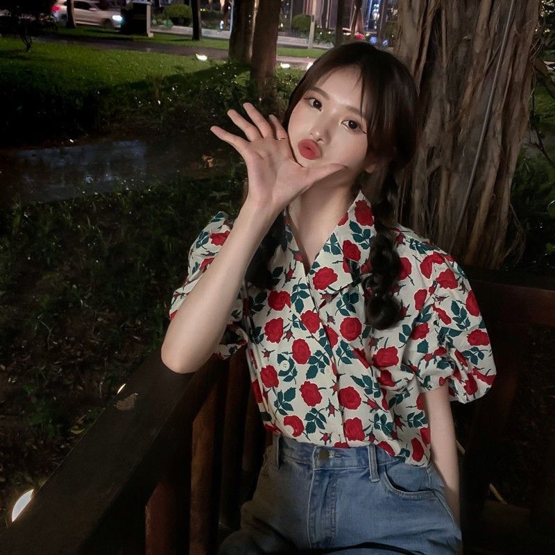 格瑞吉奧復古港風碎花短袖襯衫女夏設計感小眾襯衣寬鬆顯瘦上衣潮