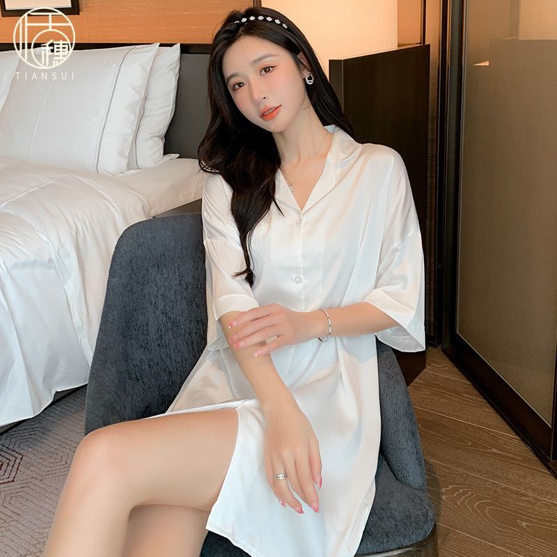 Ice silk women's summer shirt nightdress half-sleeved solid color simple home service fashion ins style loose hotel pajamas