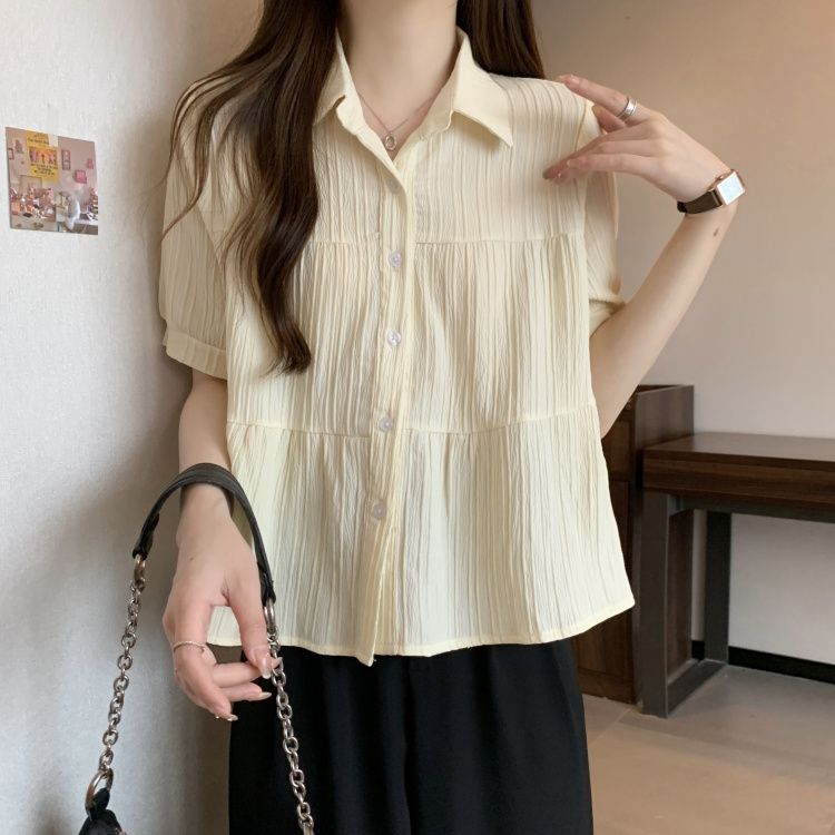 夏季新款韓版翻領單排扣百搭短袖娃娃衫純色小眾設計感短款襯衫女