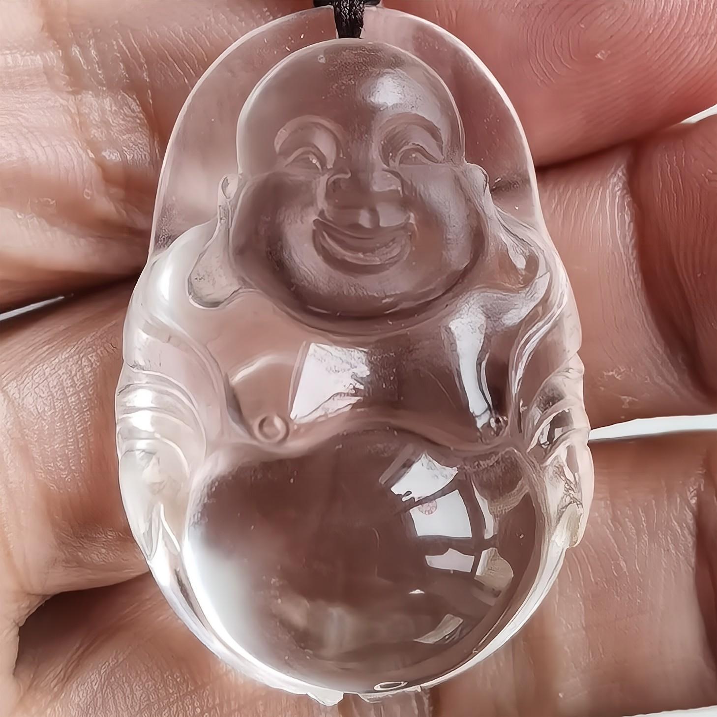 女孩礼物高档天然水晶纯手工雕刻弥勒佛开心佛吊坠项链生日情人节