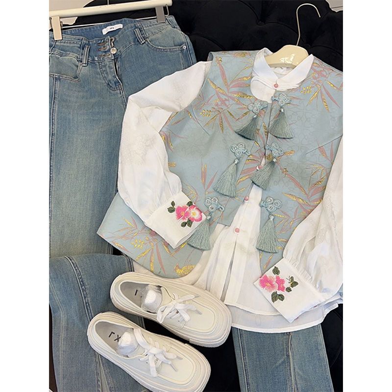 春季新款韩系设计感复古白色衬衫马甲气质显瘦牛仔裤子两件套
