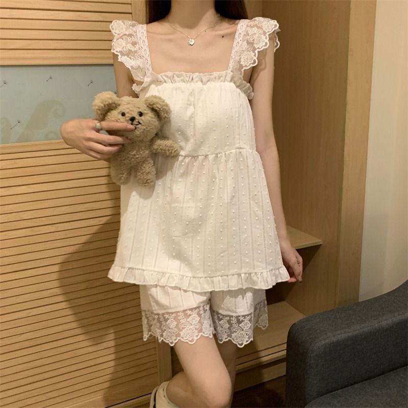 Ins style summer suspender pajamas women's pure cotton thin section sexy lace lace pure desire wind square collar home service suit