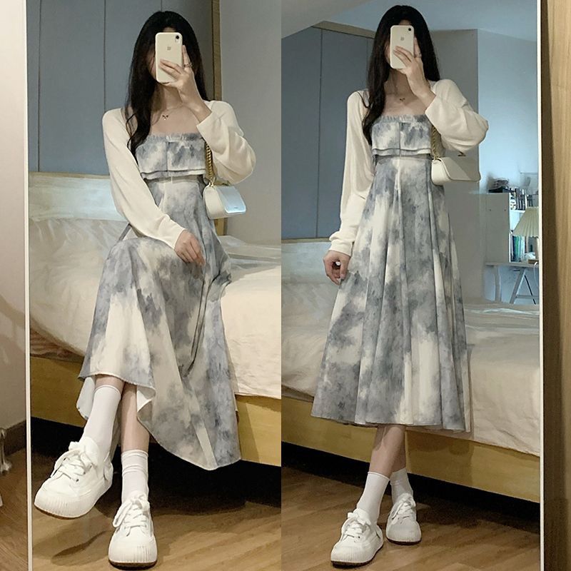 煙雨江南水墨暈染裹胸裙夏季高級感裙子一字肩抹胸收腰吊帶連衣裙
