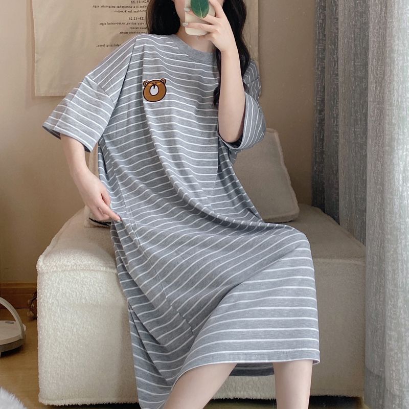 2023 new cotton nightdress women's summer pajamas short-sleeved mid-length sweet and lovely striped loose home service