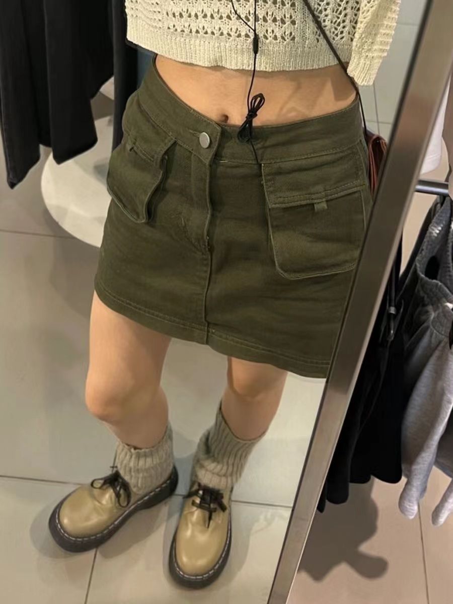 Spice girl army green tooling denim skirt women's spring and summer new slim high waist niche a-line skirt ins