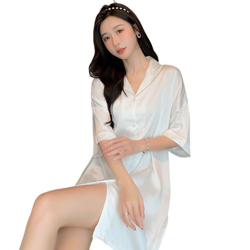 Ice silk women's summer shirt nightdress half-sleeved solid color simple home service fashion ins style loose hotel pajamas
