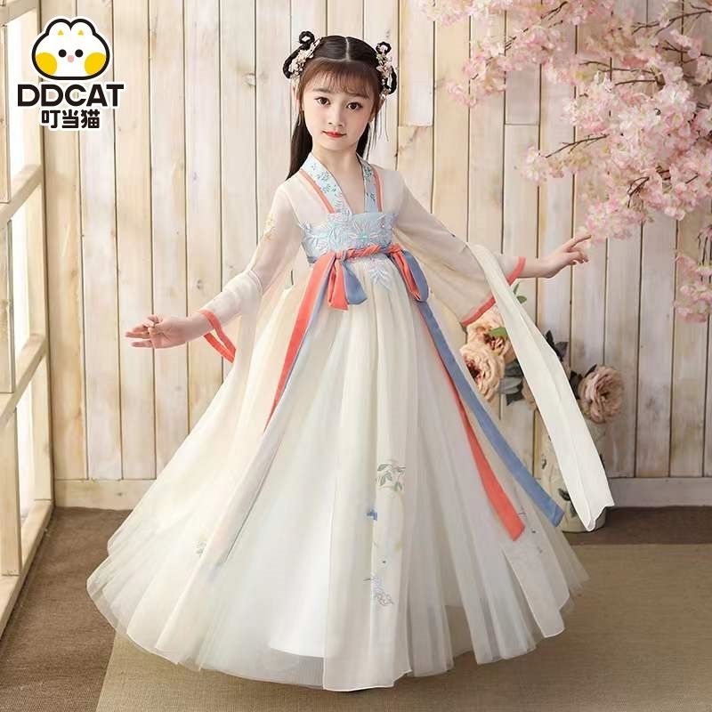 叮噹貓漢服女童連衣裙兒童裝古裝裙子夏季中國風女孩紗裙古風超仙