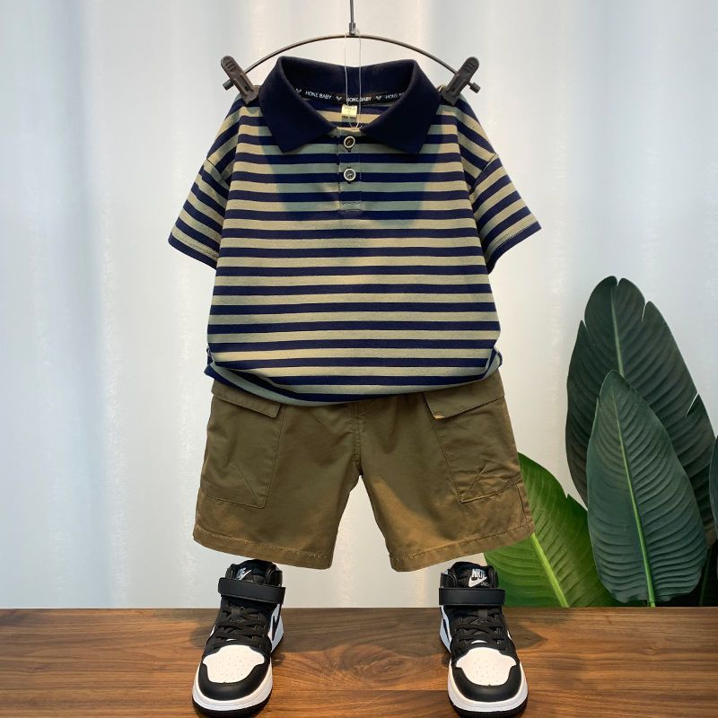 兒童夏裝套裝新款男童條紋短袖polo衫夏季童裝男孩半袖工裝兩件套