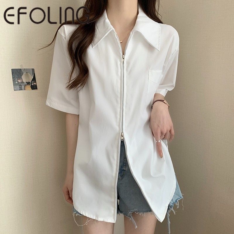 EFOLONG夏季襯衫短袖女法式雙向拉鏈時尚寬鬆百搭白色高級感襯衣