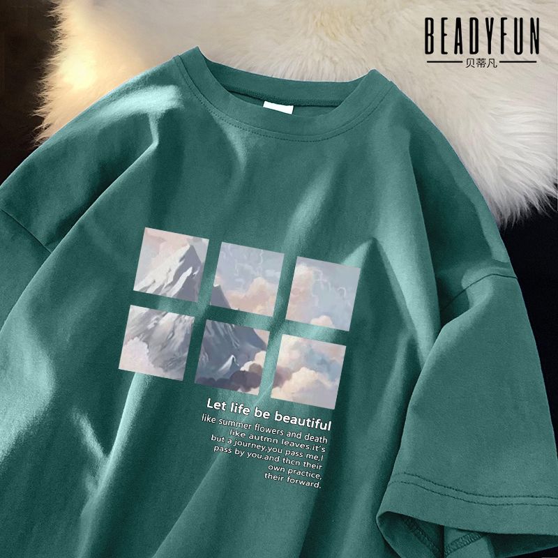 BEADYFUN夏季純棉t恤男生短袖上衣服寬鬆韓版學生印花圓領打底衫