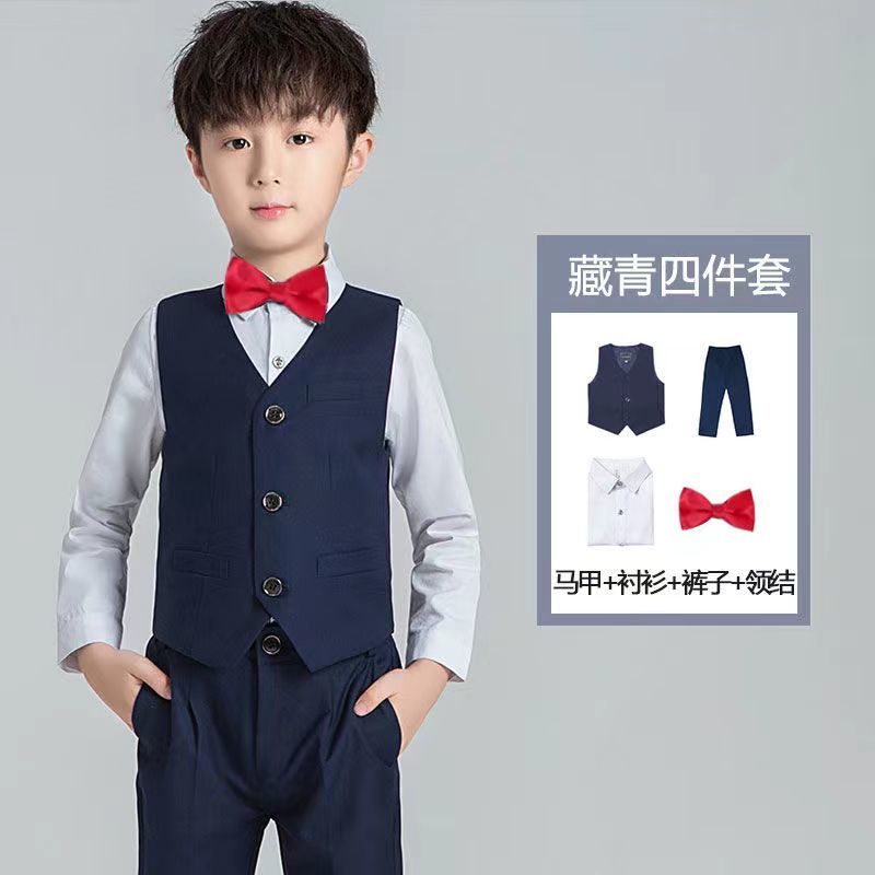 男童小西裝套裝三件套藏藍禮服白襯衣兒童西服男孩馬甲外套演出服