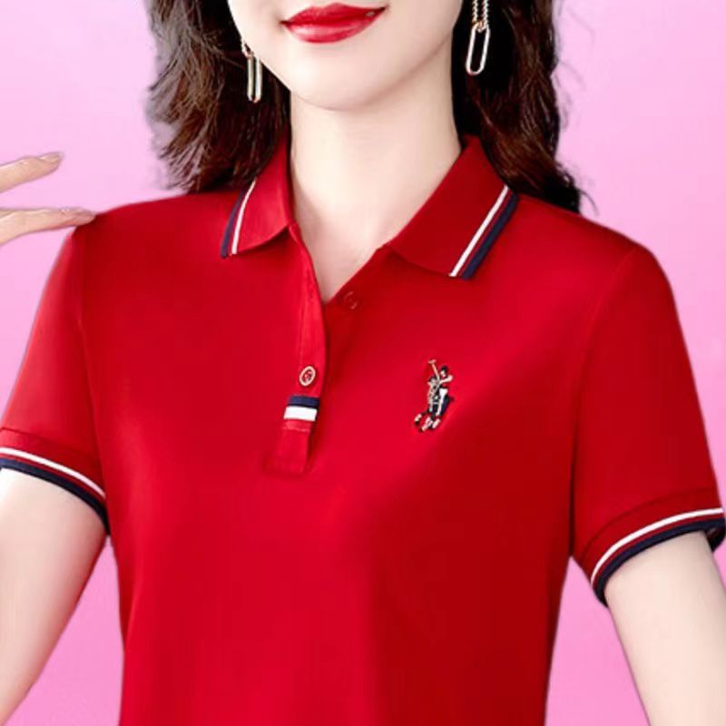 短袖t恤女士2023新款polo衫夏中老年媽媽裝運動透氣翻領上衣洋氣