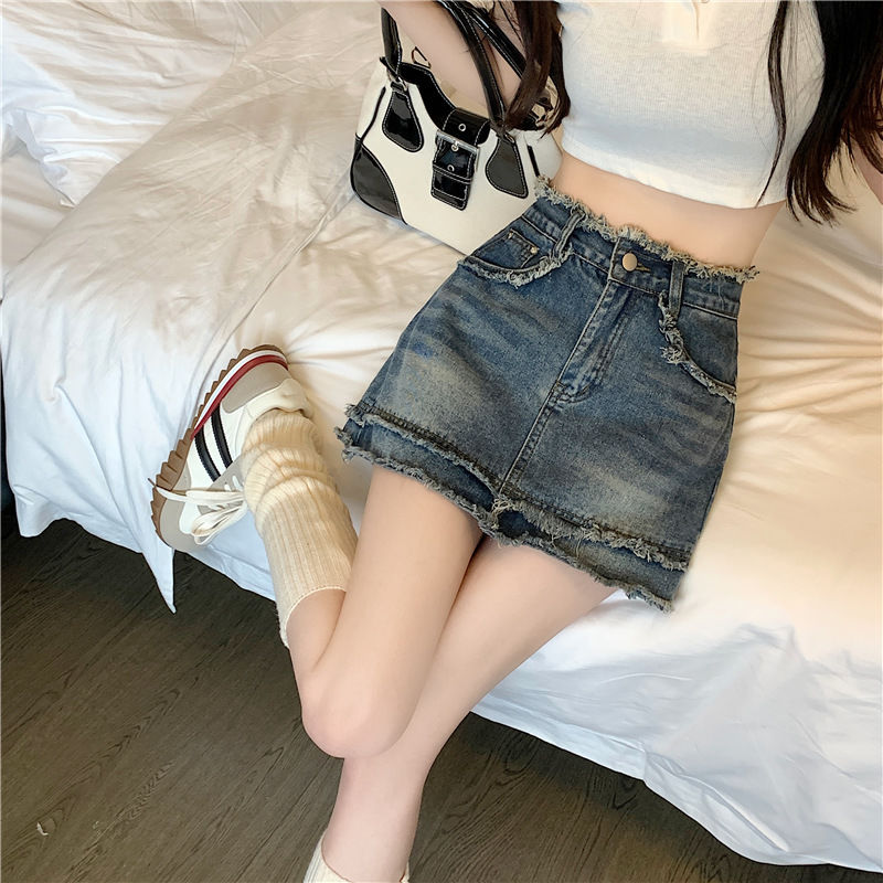 毛邊高腰牛仔短裙女2023年夏季新款大碼顯瘦包臀A字半身裙子潮ins