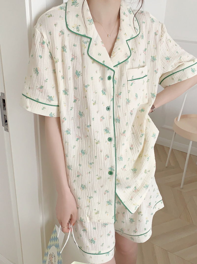 Ins sweet girl pajamas women's summer thin section comfortable baby cotton summer cardigan short-sleeved home clothes set