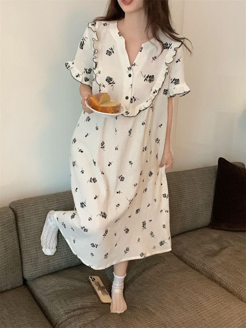 New baby cotton feeling short-sleeved nightdress women's summer loose mid-length sweet ins wind thin section summer pajamas dress