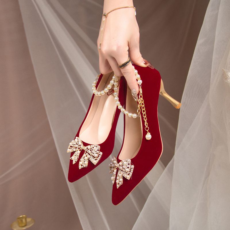 结婚新娘鞋婚纱两穿婚宴秀禾鞋细跟高跟女新款不累脚红色鞋女