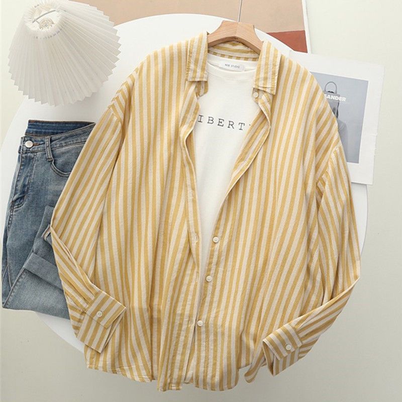 Grigio temperament, sun protection, breathable, vertical stripes, loose, casual, versatile long-sleeved shirt, trendy brand, versatile summer style