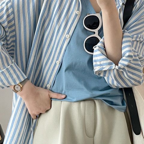 Grigio temperament, sun protection, breathable, vertical stripes, loose, casual, versatile long-sleeved shirt, trendy brand, versatile summer style