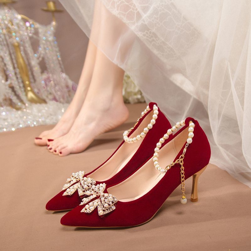 新娘结婚鞋婚纱两穿婚宴秀禾鞋细跟高跟2023女新款不累脚红色鞋女