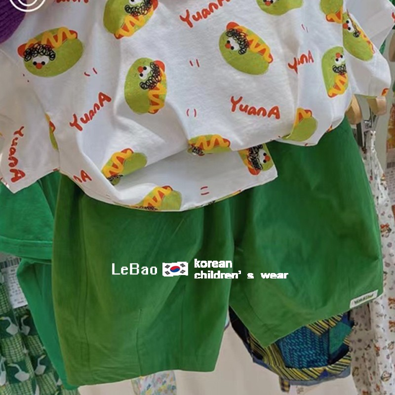 2023新款韩国童装男童夏装套装儿童时髦卡通印花t恤休闲绿色短裤
