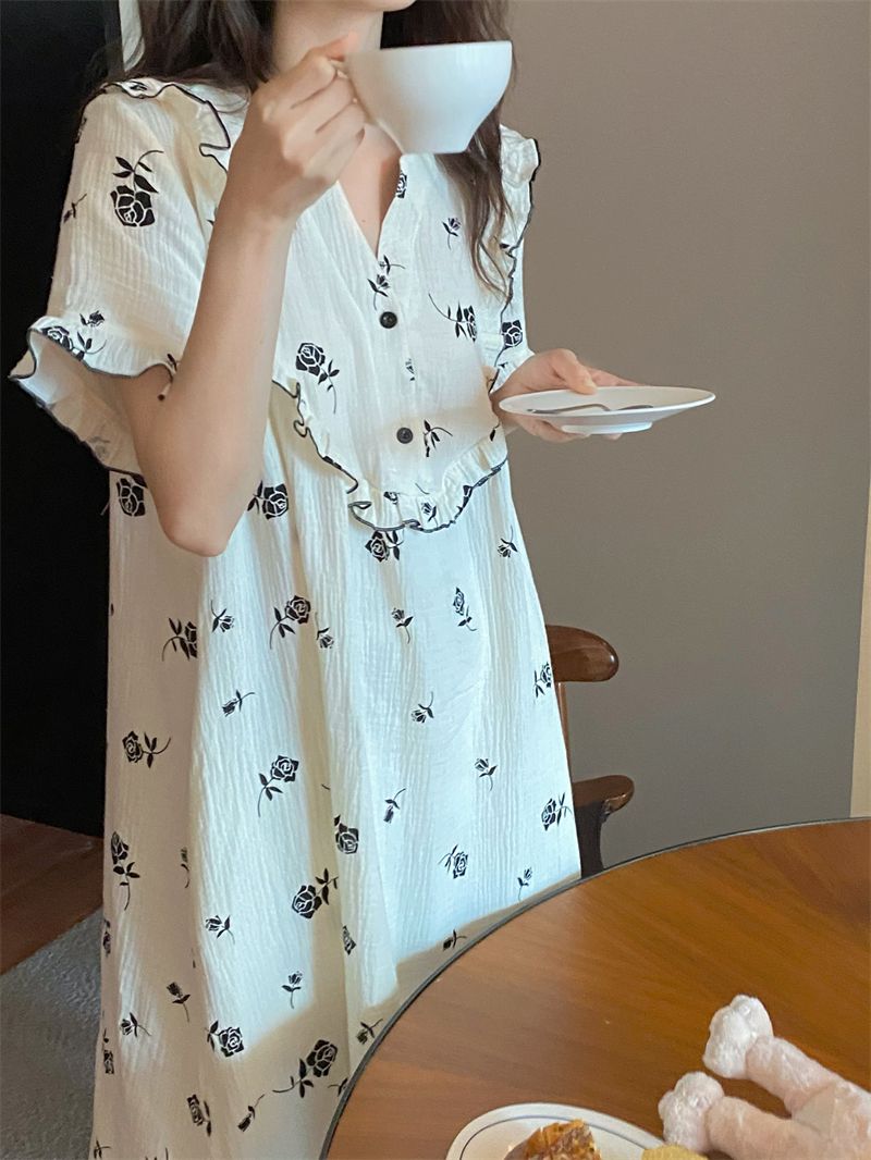 New baby cotton feeling short-sleeved nightdress women's summer loose mid-length sweet ins wind thin section summer pajamas dress
