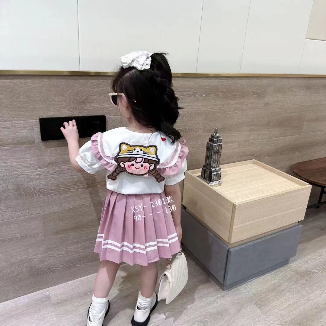 Girl baby summer cute doll collar short-sleeved pleated skirt suit kindergarten girl dress college style