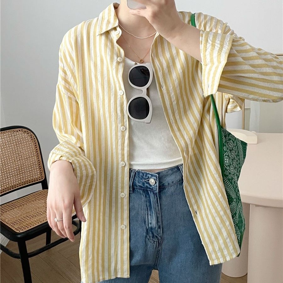 Grigio temperament, sun protection, breathable, vertical stripes, loose, casual, versatile long-sleeved shirt, trendy brand, versatile summer style