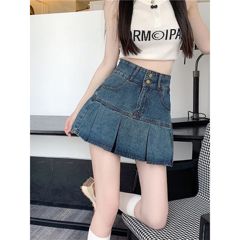 高腰百褶牛仔半身裙女2023夏季新款胖妹妹顯瘦a字辣妹包臀短裙子