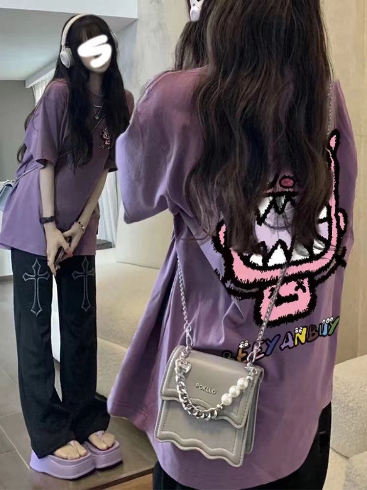 Short-sleeved t-shirt women's Korean version loose trendy ins summer top clothes lazy wind cover fart oversize all-match