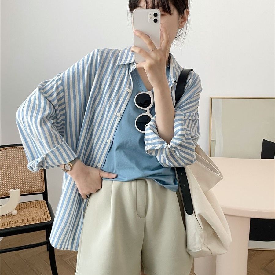 Grigio temperament, sun protection, breathable, vertical stripes, loose, casual, versatile long-sleeved shirt, trendy brand, versatile summer style