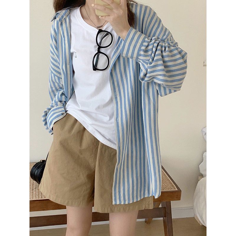 Grigio temperament, sun protection, breathable, vertical stripes, loose, casual, versatile long-sleeved shirt, trendy brand, versatile summer style