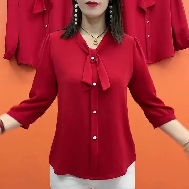 Three-quarter sleeve middle-aged mother's shirt 2023 spring and autumn new high-end foreign style age-reducing solid color fashionable ribbon shirt for women