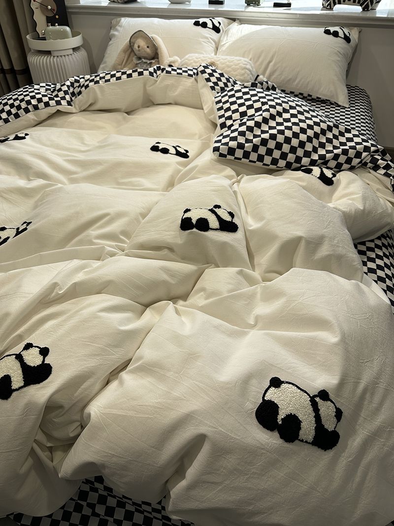 ins可爱小熊猫100全棉水洗棉毛巾绣四件套纯棉文艺被套床单三件套
