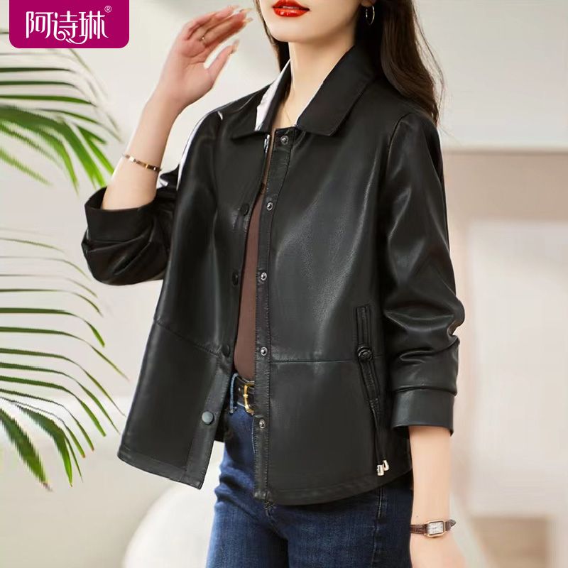Leather women's fashion casual jacket 2023 autumn temperament slim short middle-aged mother simple soft leather jacket 293